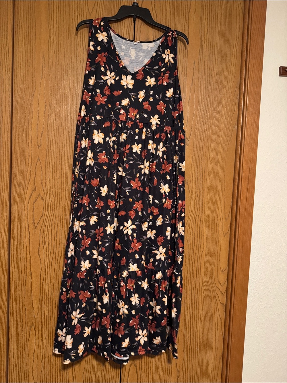 Sleeveless Black Floral Maxi Dress with Rust and Cream Blooms